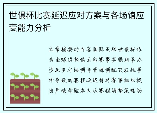 世俱杯比赛延迟应对方案与各场馆应变能力分析