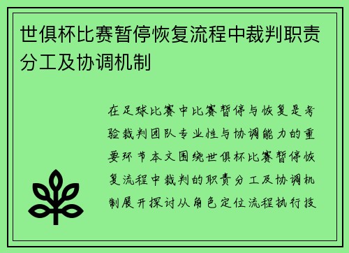 世俱杯比赛暂停恢复流程中裁判职责分工及协调机制