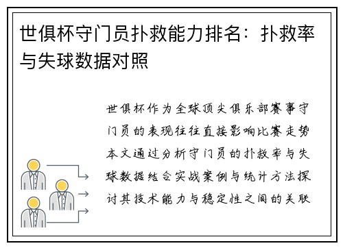 世俱杯守门员扑救能力排名：扑救率与失球数据对照