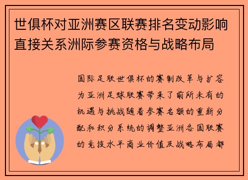 世俱杯对亚洲赛区联赛排名变动影响直接关系洲际参赛资格与战略布局