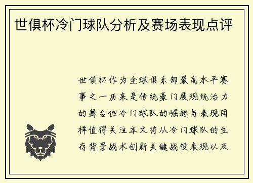 世俱杯冷门球队分析及赛场表现点评